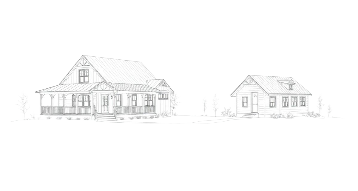 Architectural sketch of a farmhouse-style home with a detached ADU cottage