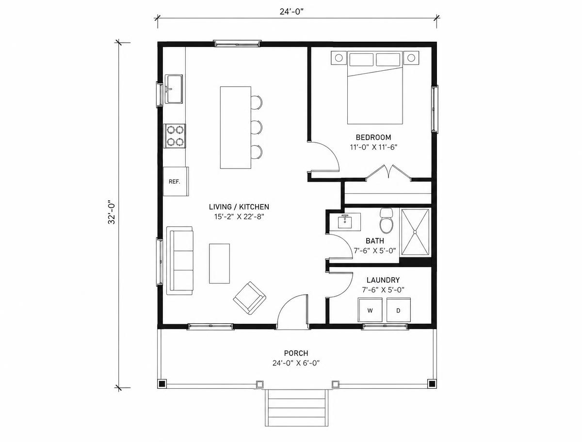 Floor plan of a detached 24 by 32 backyard ADU with bedroom, bath, kitchen, and porch