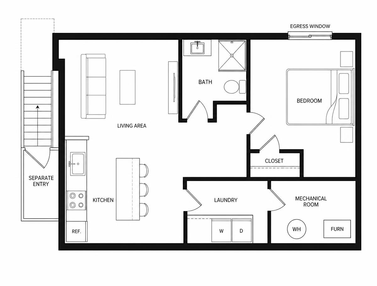 Internal ADU basement apartment floor plan