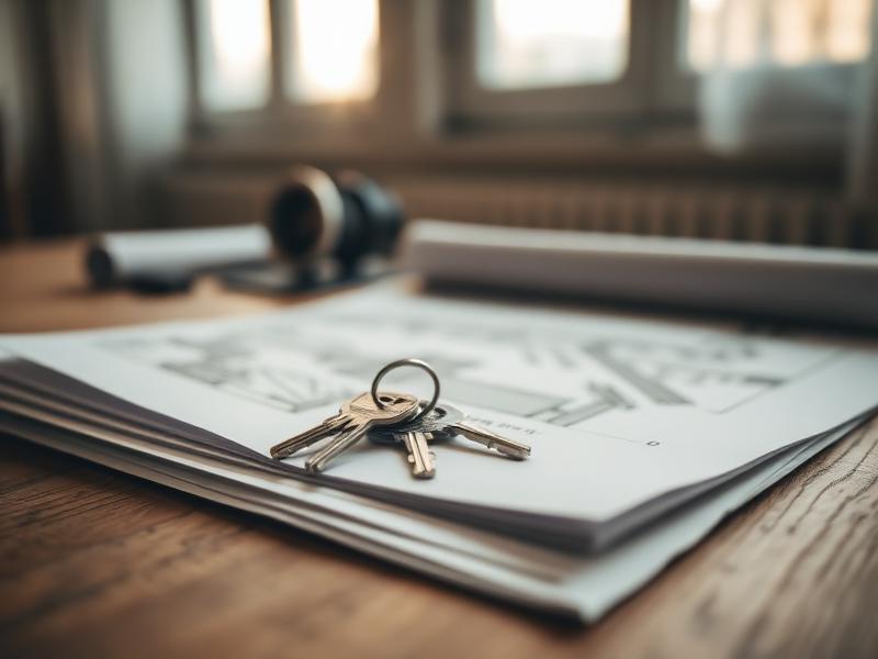 House keys on construction drawings — financing handled, ready to build